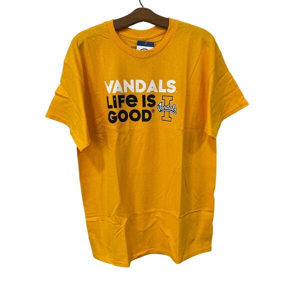 Life Is Good Blue 84 Vandals Graphic T Shirt Mens L Gold Cotton College Tee NEW - Picture 1 of 6